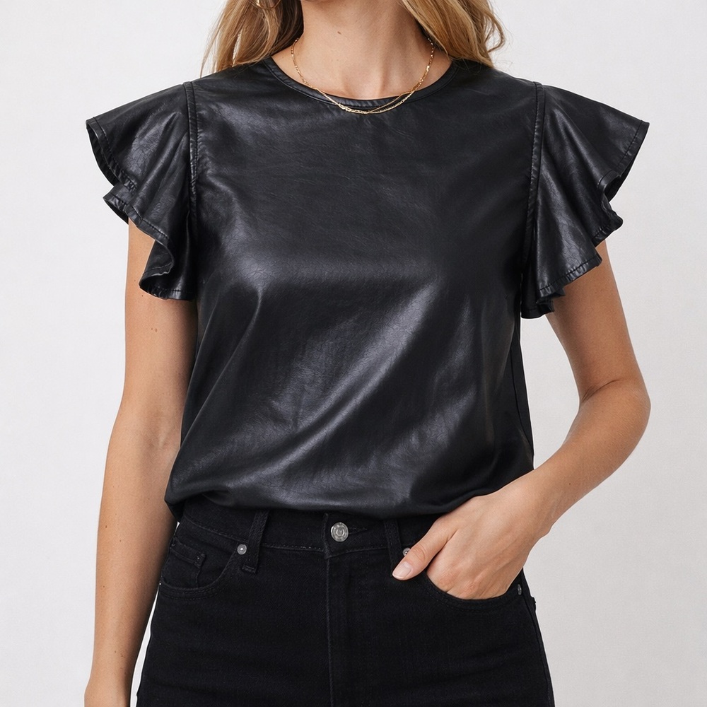 TCEC Black Faux Leather Flutter Sleeve Top Size S Edgy Chic Vegan Leather Blouse